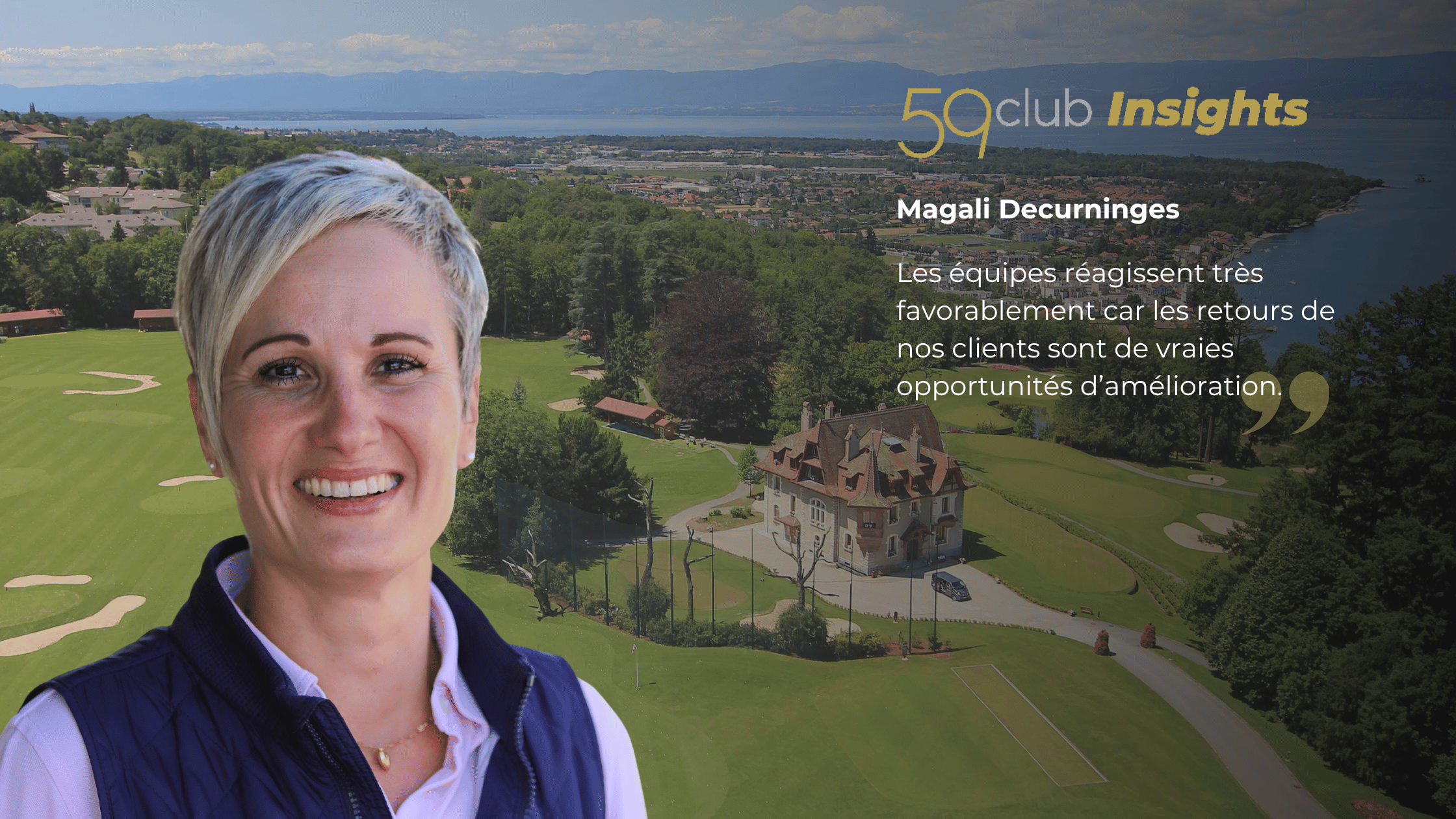 portrait directrice de golf avec fond parcours de golf et manoir